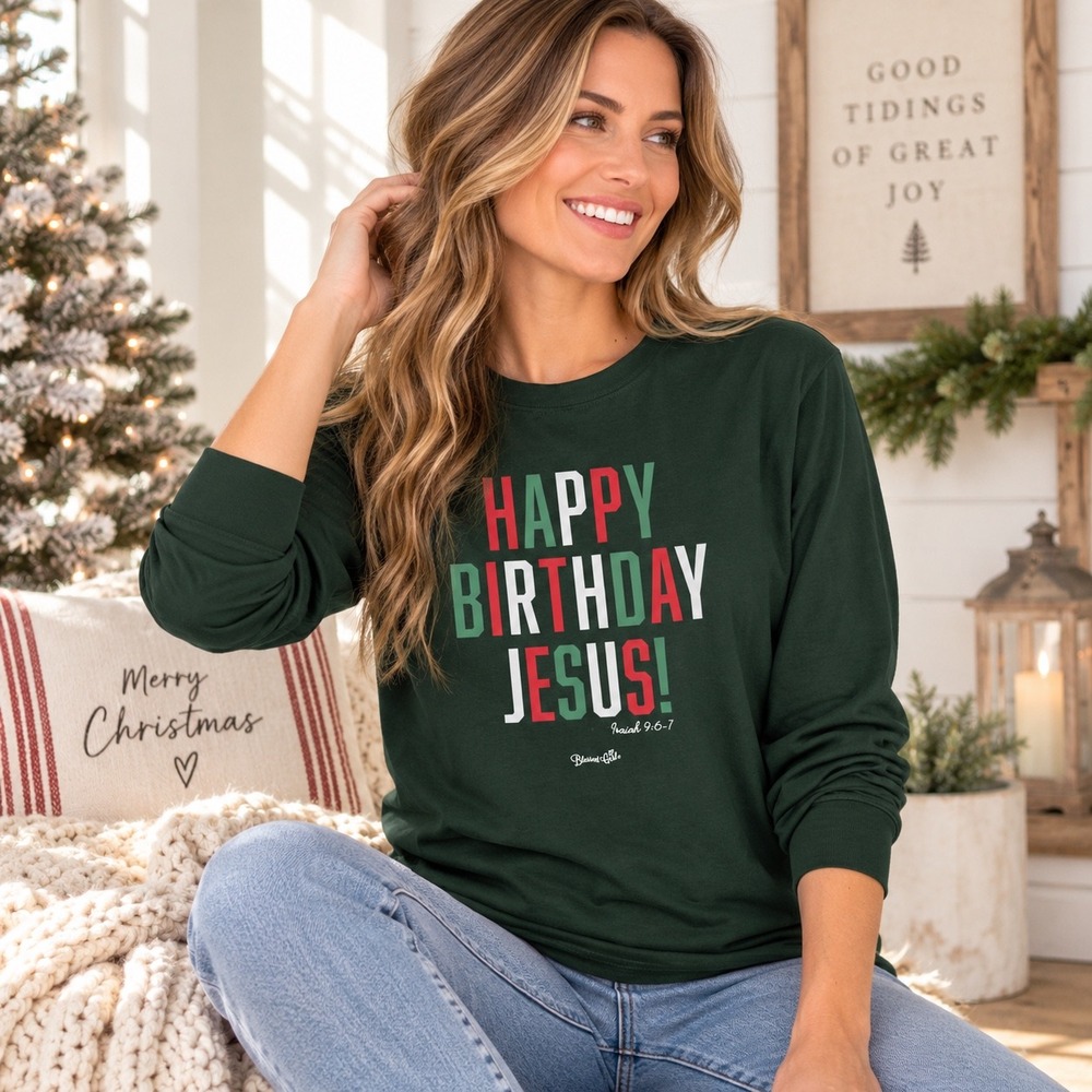 Blessed Girl Womens Happy Birthday Jesus Christmas Long Sleeve Tee Green Size L